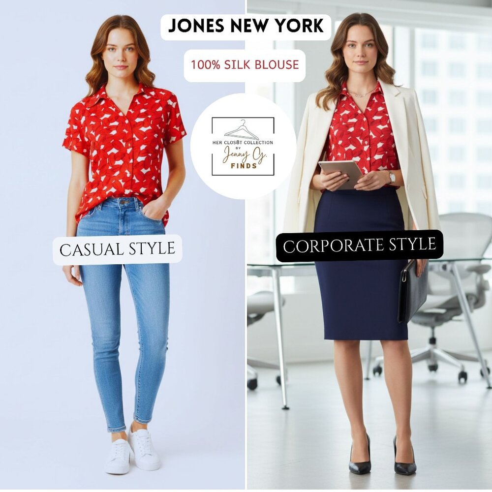 Jones New York 100% Silk Red Floral Button Up Collared  Blouse Size 10 NWT $79